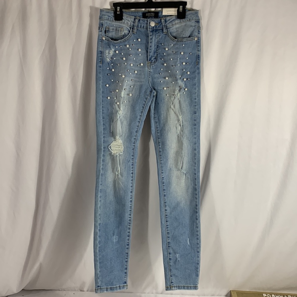 Judy Blue Light Wash Skinny Jeans with Front Pearl Stud Details